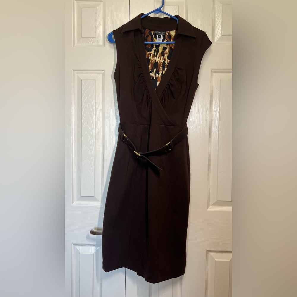 VTG Cache Contour Collection Sleeveless Brown Wrap-Style Dress with Belt Sz  10